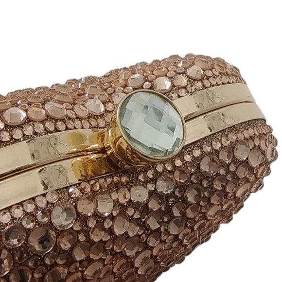 Gold Faceted Crystal Heart Shaped Sparkle Box Clutch Purse Crossbody Chain Bag